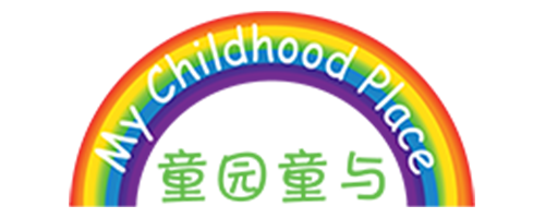 Green tree illustration with text 'My Childhood Place' in a rainbow arc above it on a red background.