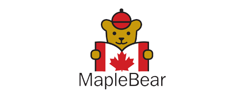 Cartoon bear wearing a red hat holding an open book with a red maple leaf on it above the text MapleBear.