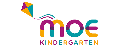 Colorful stylized logo of a kite above the rounded letters MOE with the word KINDERGARTEN below in multicolored letters.