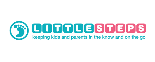 Little Steps logo featuring a blue footprint icon and text 'LITTLE STEPS' with tagline 'keeping kids and parents in the know and on the go'.