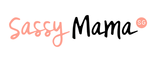 Sassymama brand logo combining peach cursive and bold black sans-serif text.