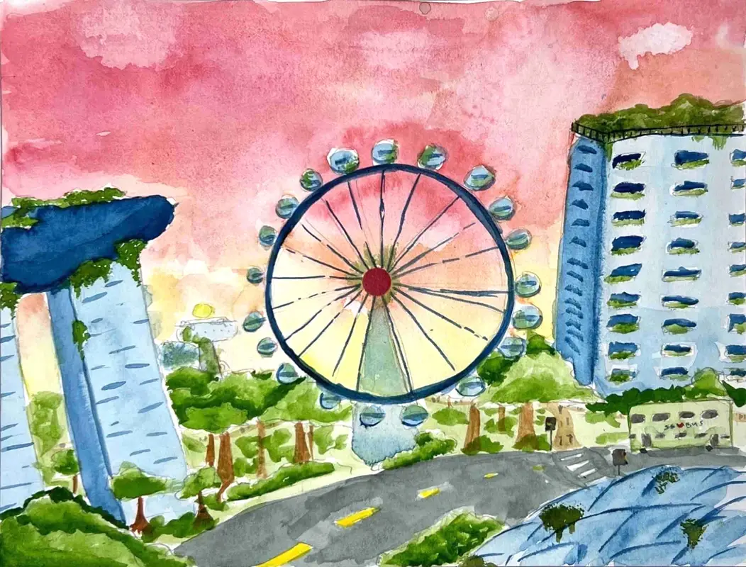 Watercolor painting of a cityscape with a large Ferris wheel, modern curved buildings with greenery, a road, and a pink sky at sunset.