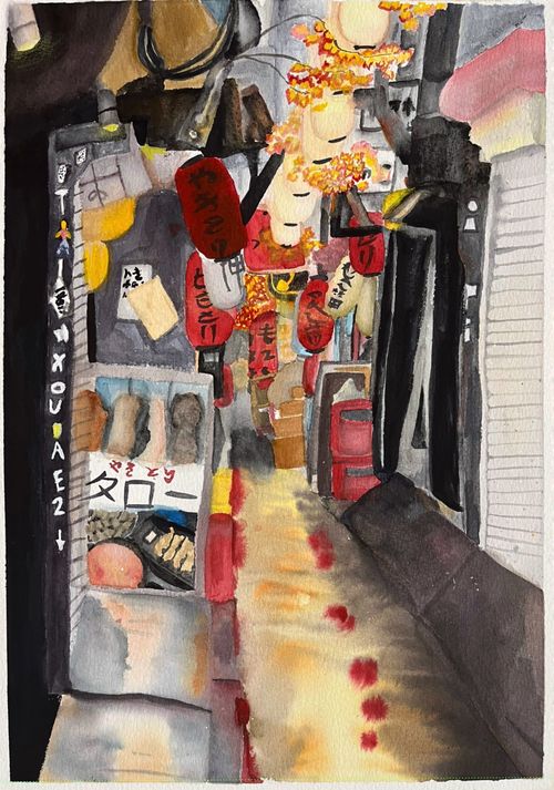 Watercolor painting of a narrow Japanese street at night with red and white paper lanterns, illuminated signs, and autumn leaves.