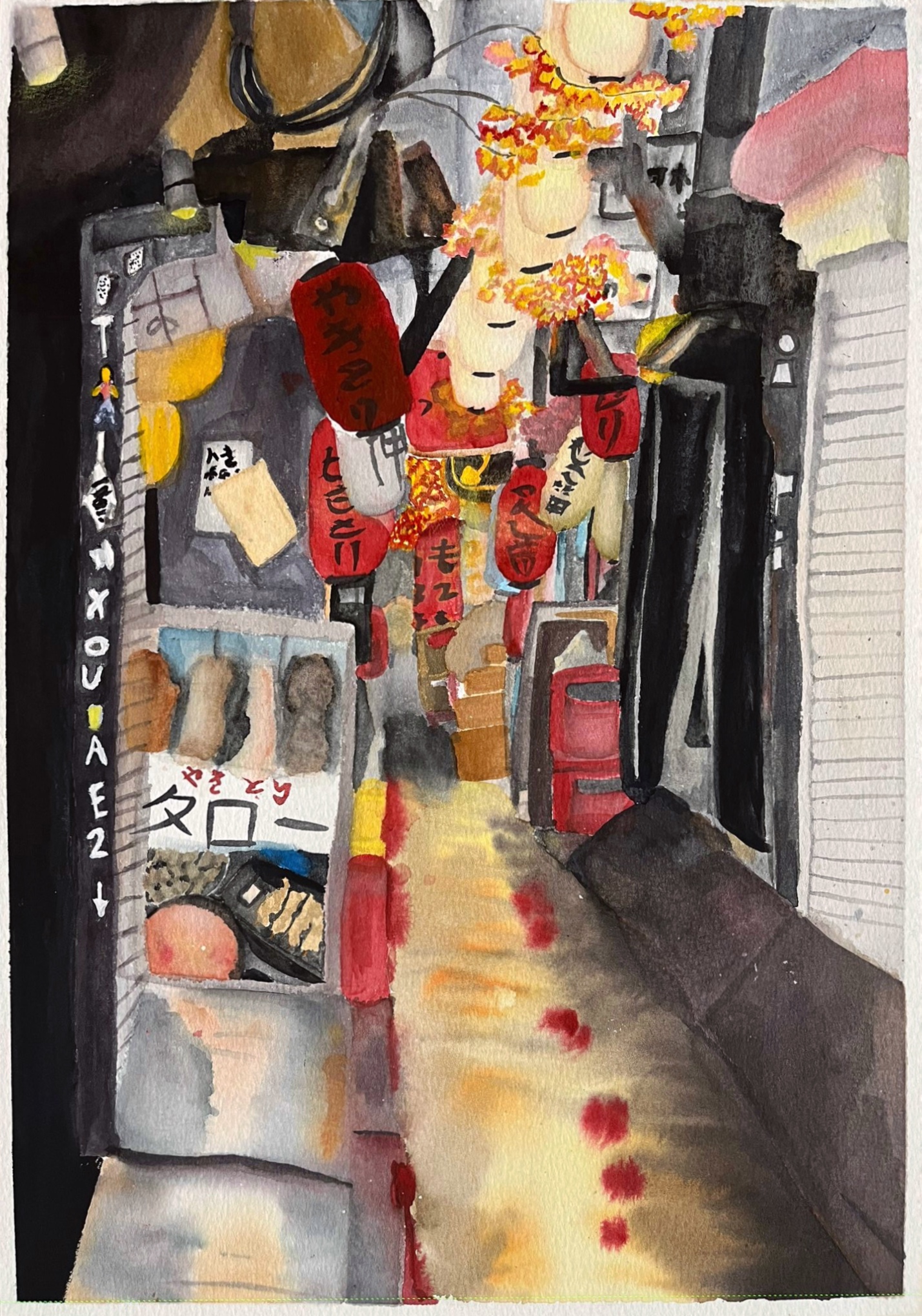 Watercolor painting of a narrow Japanese street at night with red and white paper lanterns, illuminated signs, and autumn leaves.