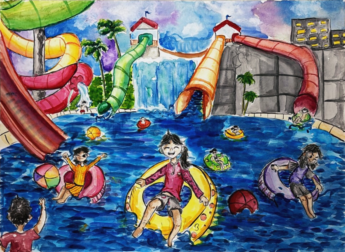 Colorful watercolor illustration of a waterpark featuring children playing in a pool with inflatable rings and water slides with a waterfall in the background.