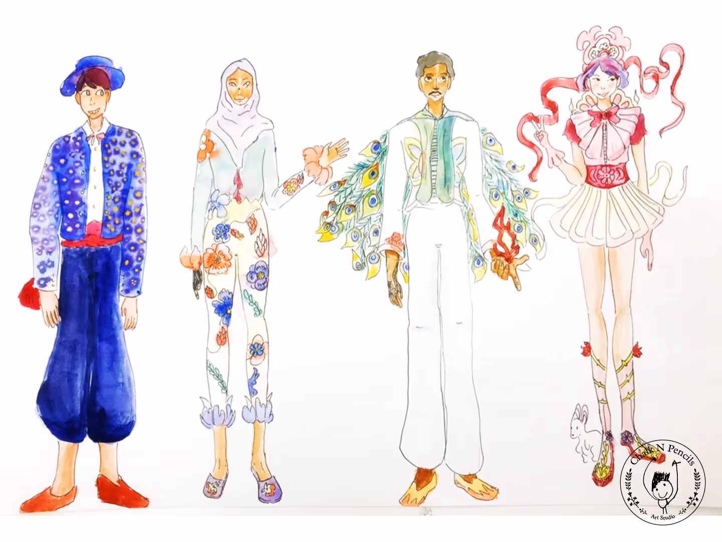 Watercolor fashion illustration of four figures wearing colorful, whimsical costumes with floral and peacock feather motifs.
