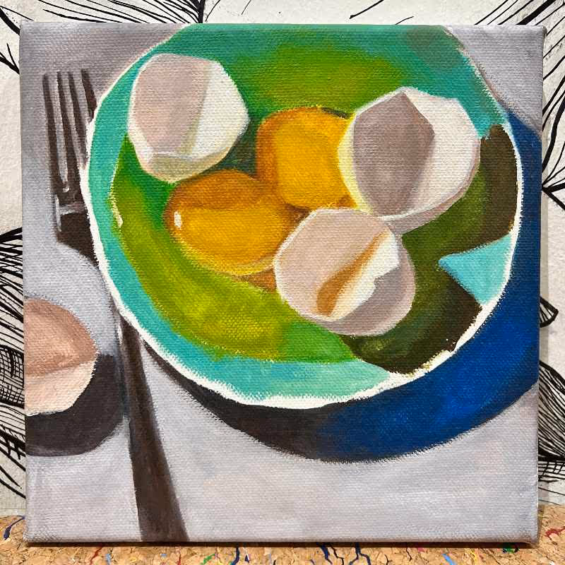 Painting of a green plate holding two whole egg yolks and three cracked eggshells on a white surface next to a fork.
