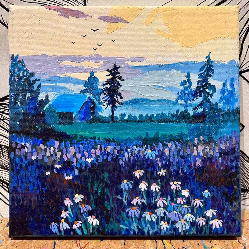 Acrylic painting of a vibrant farm landscape with purple wildflowers, trees, a blue barn, and a layered sky with birds at sunset.