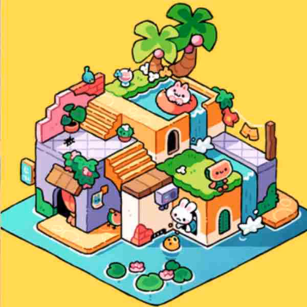 Colorful isometric illustration of a playful, multi-level house with animals, trees, water, and stairs.