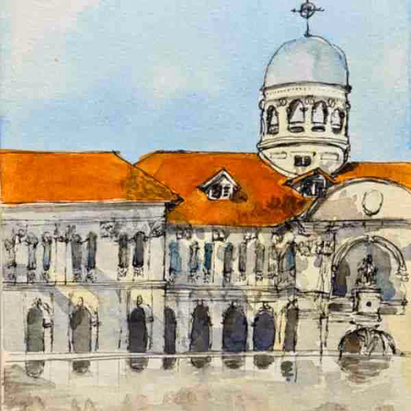 Watercolor painting of a historic building with orange rooftops and a domed tower against a light blue sky.