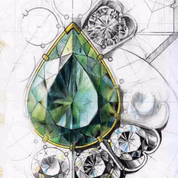 Detailed jewelry design sketch featuring a large pear-shaped green gemstone surrounded by multiple smaller round diamonds.
