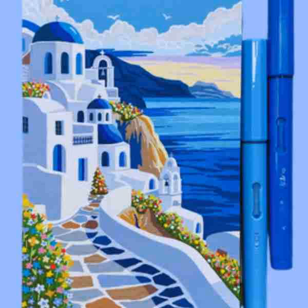 artwork of white buildings with blue domes on a cliffside overlooking the sea, with vibrant flowers along a stone pathway and blue pens on the right.