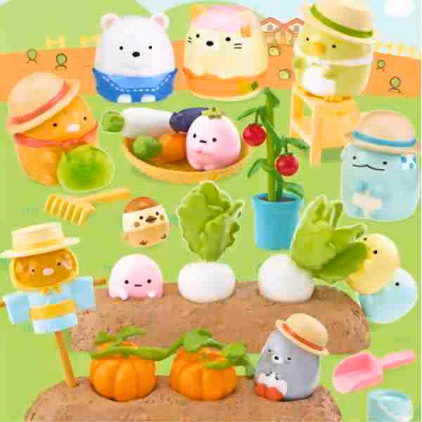 Colorful clay figures of various cute characters and vegetables arranged as a garden scene on green background.
