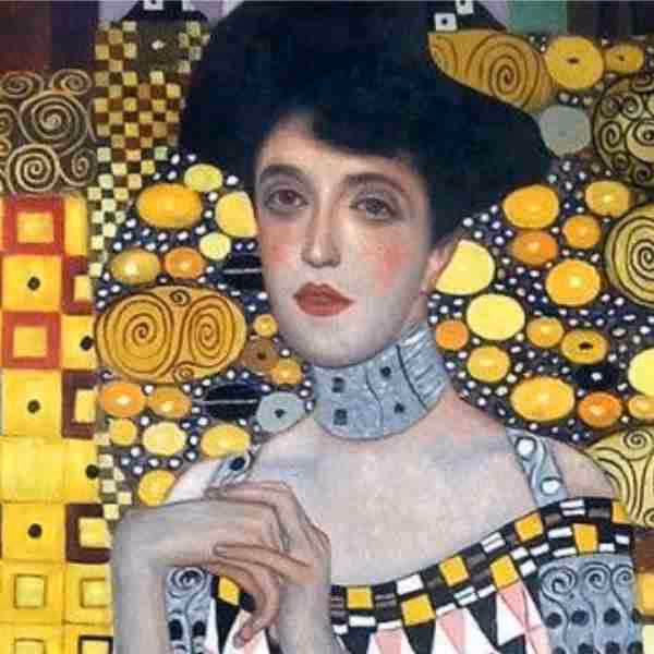 Portrait of a woman with pale skin, dark hair, and red lips wearing an ornate, patterned dress and choker, set against a vivid background of yellow and gold swirls and geometric shapes.