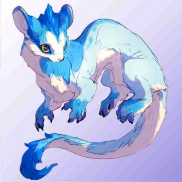 Illustration of a mythical creature with large ears, blue and white fur, and a long tail.