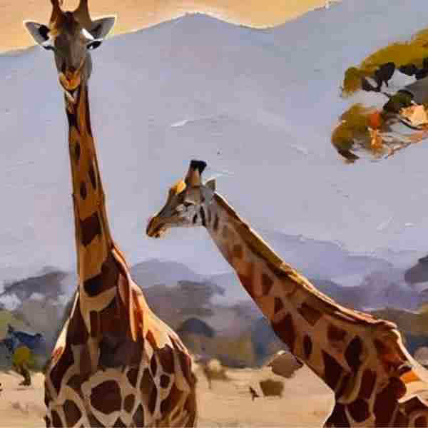 Two giraffes in a savannah landscape with mountains and trees in the background.
