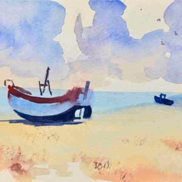 Watercolor painting of a beach scene with two boats, one larger red and white boat on sand and a smaller blue boat on the sea, under a sky with clouds.