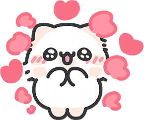 Cute animated white cat with big sparkling eyes and pink cheeks surrounded by floating pink hearts.