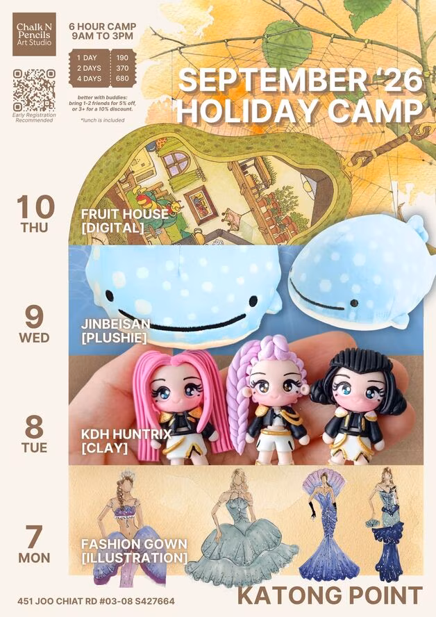 September 2026 Holiday Camp schedule from Chalk N Pencils Art Studio in New Bahru, featuring 6-hour daily sessions from 9AM to 3PM