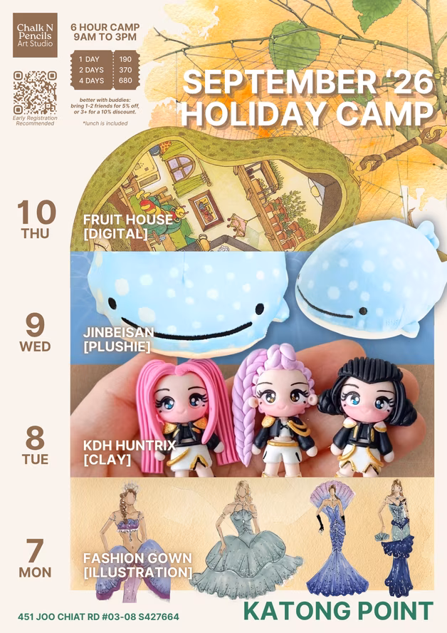 September 2026 Holiday Camp schedule from Chalk N Pencils Art Studio in New Bahru, featuring 6-hour daily sessions from 9AM to 3PM