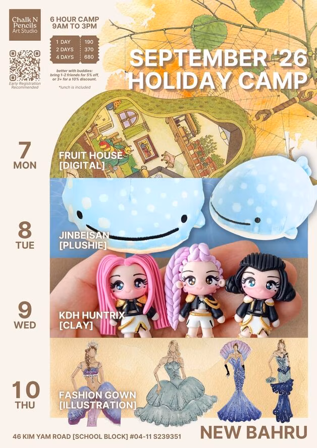 September 2026 Holiday Camp schedule from Chalk N Pencils Art Studio in New Bahru, featuring 6-hour daily sessions from 9AM to 3PM