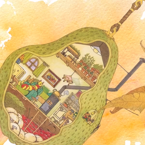 Whimsical room inside a pod with a caterpillar on a green couch and potted plants on a shelf.