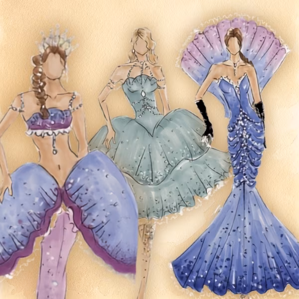Fashion illustration of three women in elegant pastel purple and blue gowns with intricate designs.