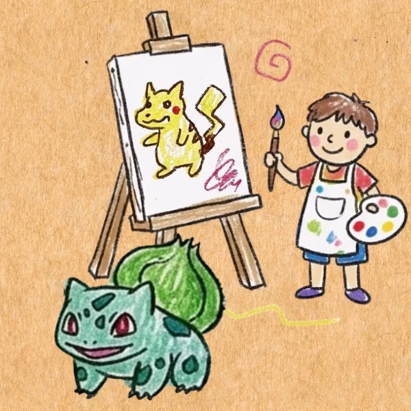 Child artist painting Pikachu on canvas, with Bulbasaur standing nearby on brown paper background.