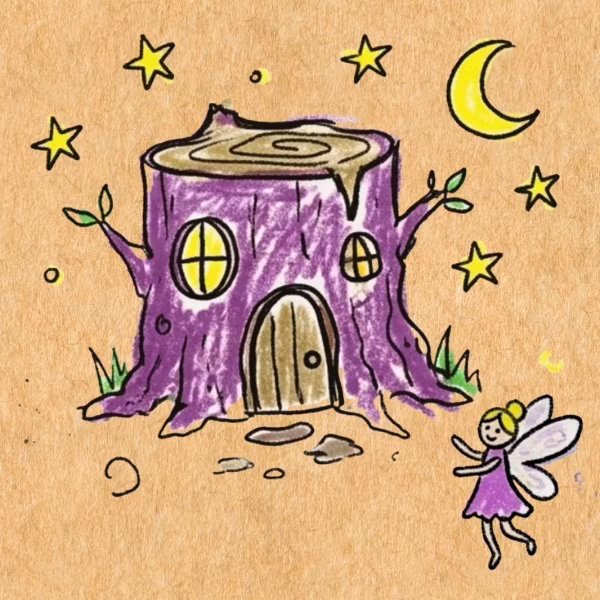 Childlike drawing of a purple tree stump house with windows, door, stars, moon, and a fairy nearby.