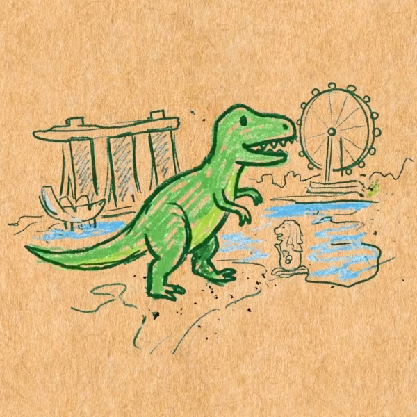 Green cartoon dinosaur with iconic Singapore landmarks Marina Bay Sands, Merlion, and Singapore Flyer sketch.