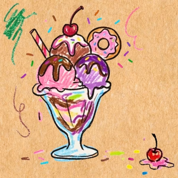 Colorful crayon drawing of an ice cream sundae with three scoops, chocolate drizzle, cherry, and donut.