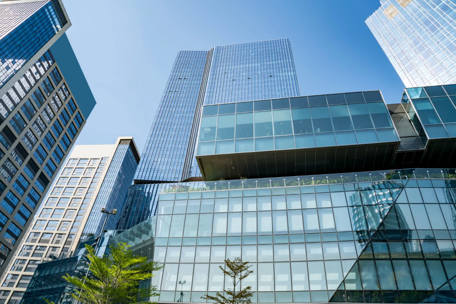 Modern glass skyscrapers with reflective windows under a clear blue sky.