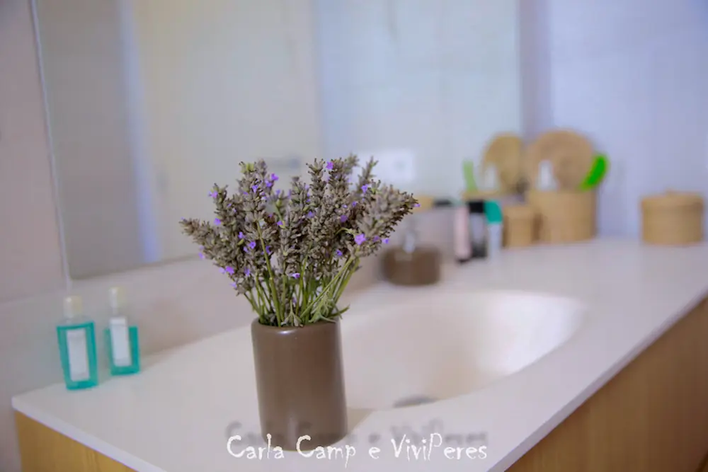 Detalle de baño con decoración natural en un alojamiento en Formentera