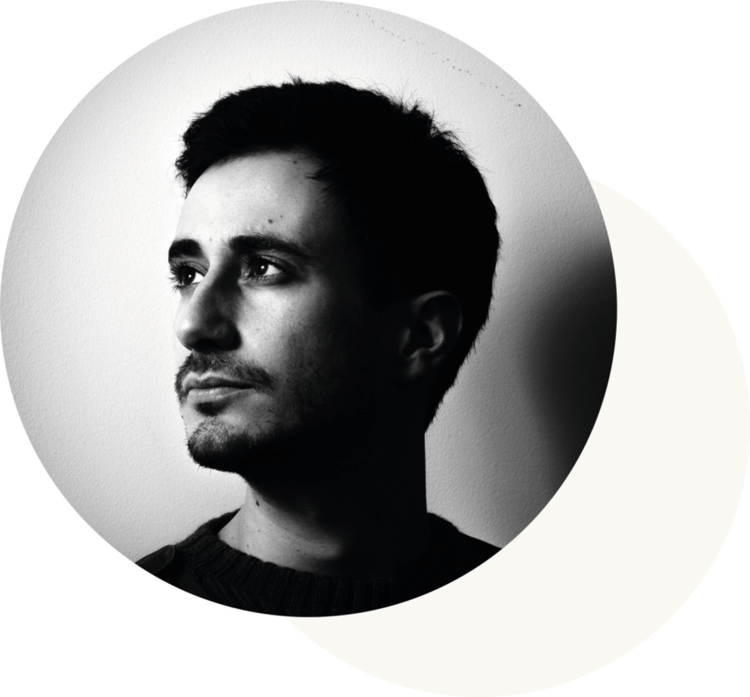 A headshot of Matteo in black and white