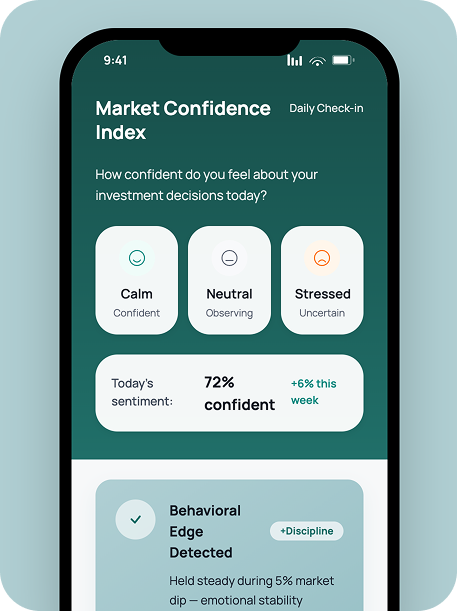Mobile screen showing Market Confidence Index with options Calm, Neutral, and Stressed and today's sentiment at 72% confident plus 6% increase this week.