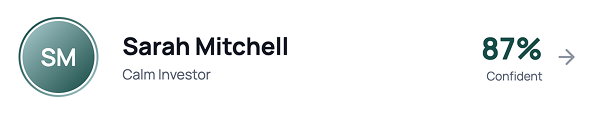 User profile with initials SM, named Sarah Mitchell, labeled as Calm Investor, showing 87% confidence level.