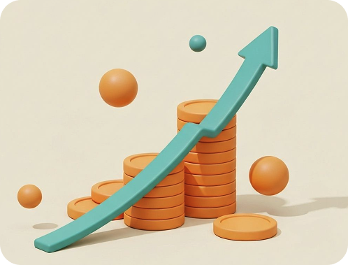 Stacks of orange coins with a rising teal arrow indicating financial growth.