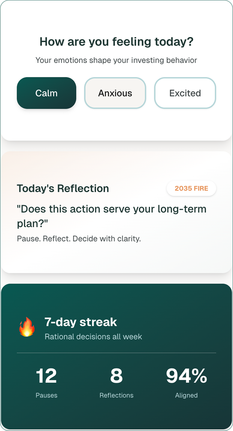 Investment app screen showing mood options Calm, Anxious, Excited, today's reflection on long-term planning, and a 7-day streak summary with 12 pauses, 8 reflections, and 94% alignment.