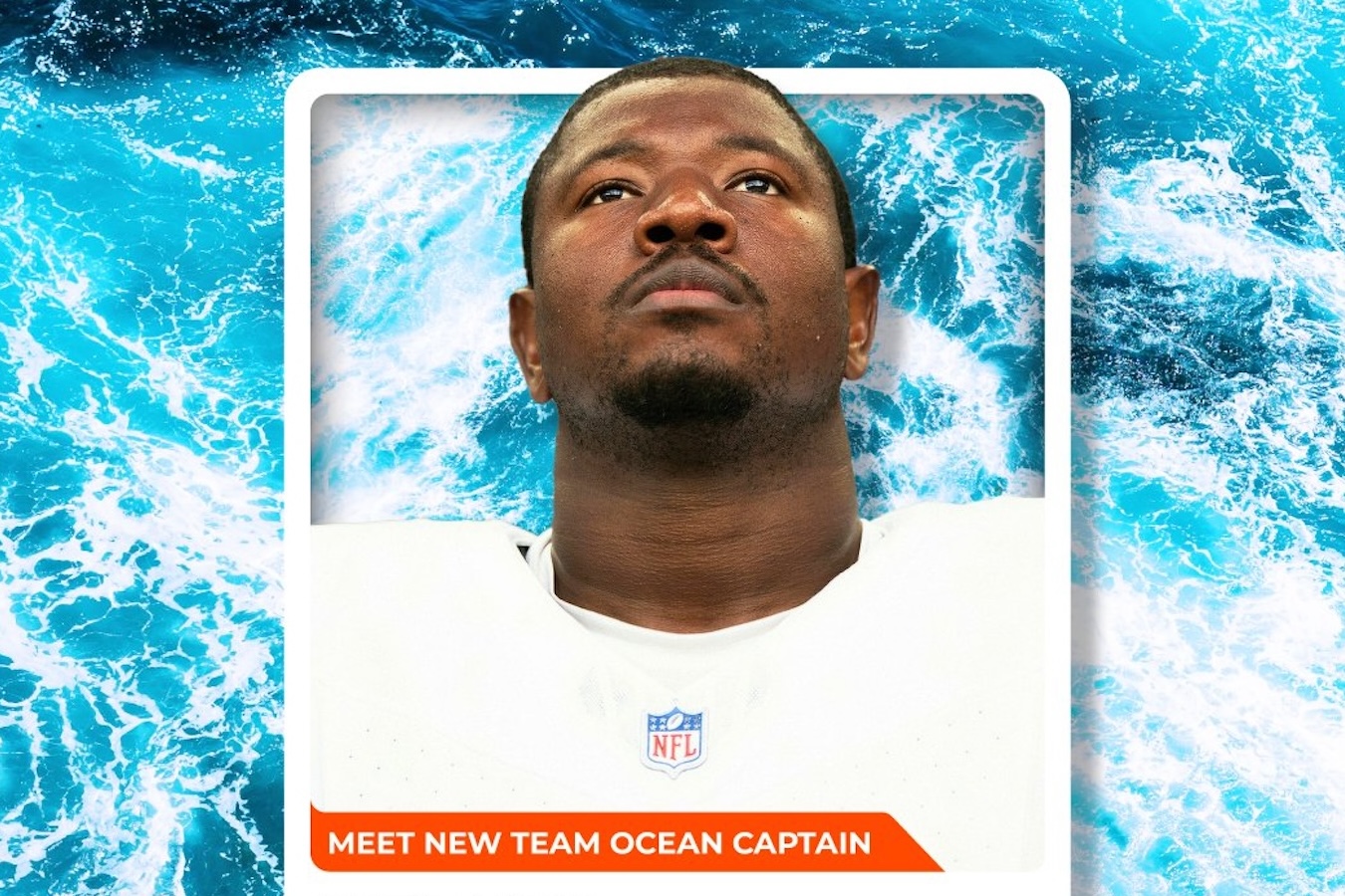 Kelvin in a white NFL jersey with a background of ocean waves and text reading 'Meet New Team Ocean Captain.'