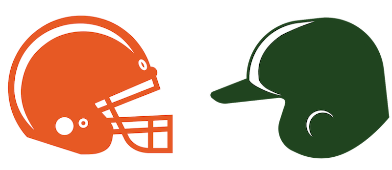 Orange American football helmet and dark green baseball helmet side by side on white background.