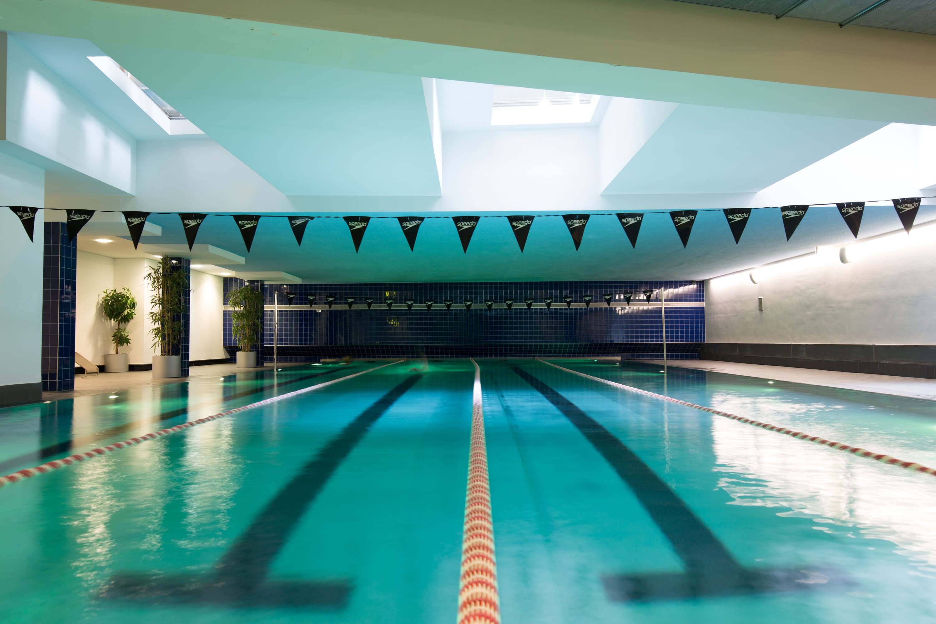 Holmes Place Hallenbad mit Bahnen, Flaggen und Wettkampfschwimmumgebung