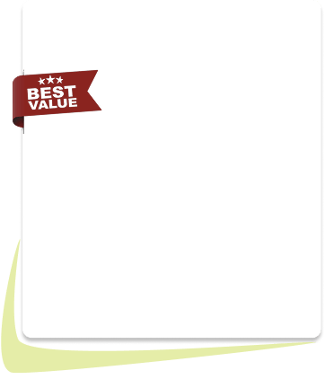 White square card with rounded corners featuring a red ribbon on the left labeled 'BEST VALUE' with three stars above the text.