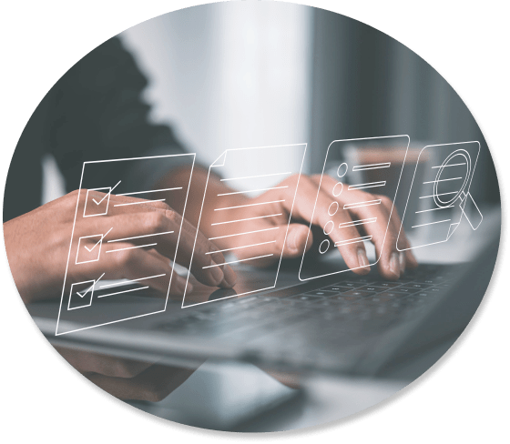 Person typing on a laptop keyboard with floating transparent checklist and document icons overlay.