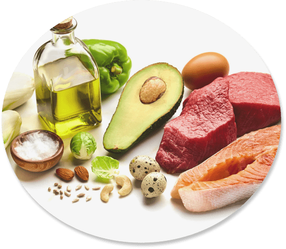 Healthy foods including olive oil, green bell pepper, avocado, raw beef, salmon, egg, nuts, seeds, Brussels sprouts, and salt in a wooden bowl.