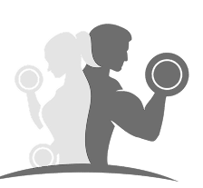 Silhouettes of a woman and a man standing back to back, each holding a barbell weight.