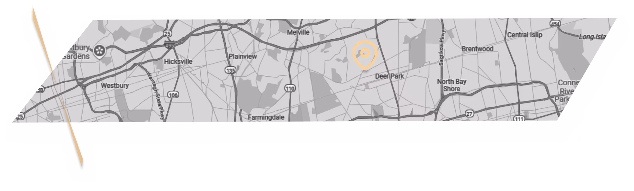 Map of Long Island area showing towns including Hicksville, Plainview, Farmingdale, Deer Park, and Westbury, with an orange location pin near Deer Park.