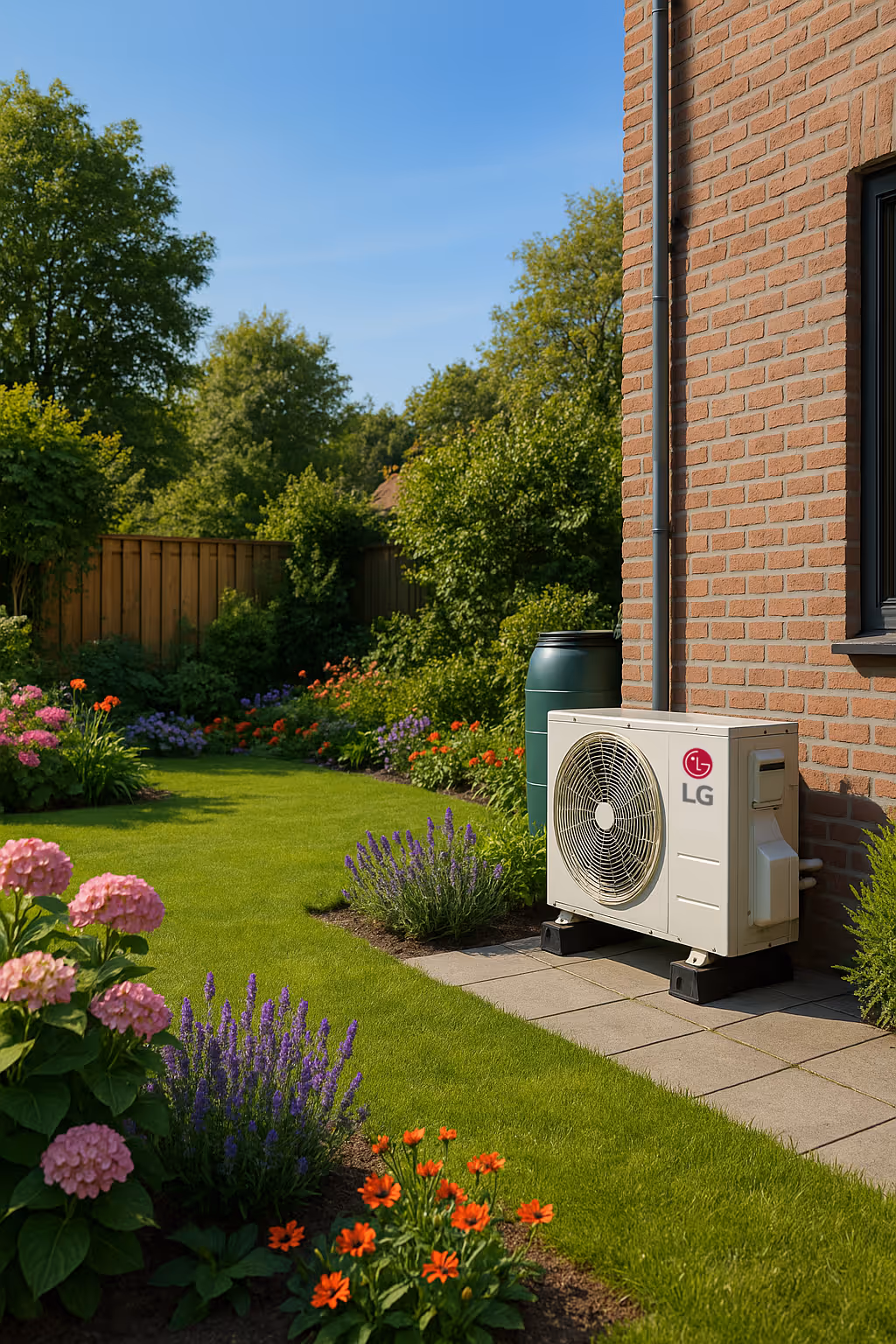 LG buitenunit geplaatst in achtertuin van woning