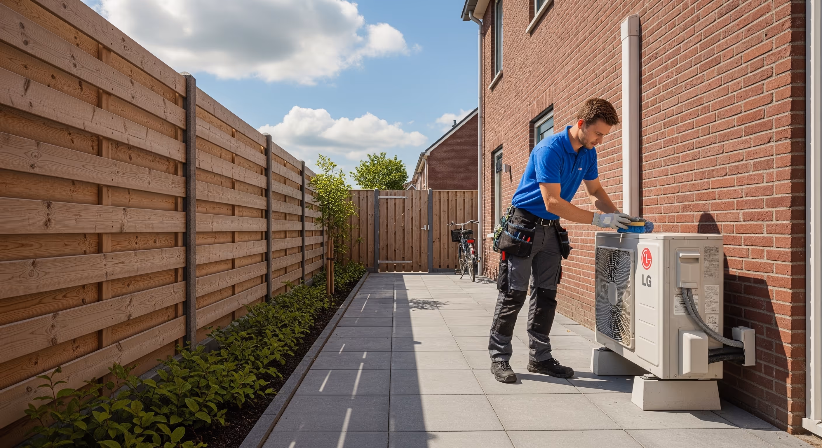 Clyma monteur voert onderhoud uit aan LG buitenunit in achtertuin