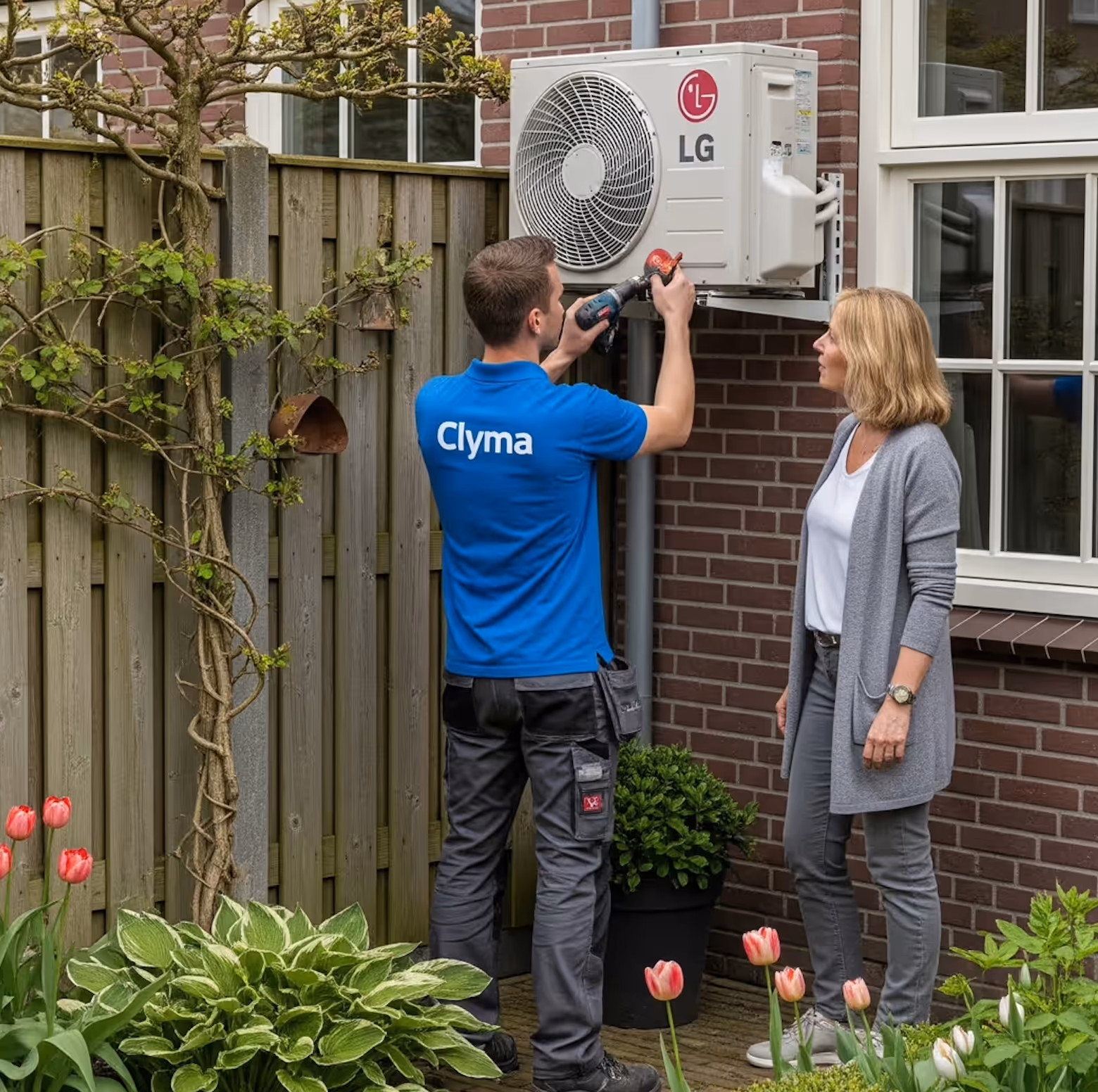 Clyma monteur installeert LG buitenunit in achtertuin terwijl klant meekijkt