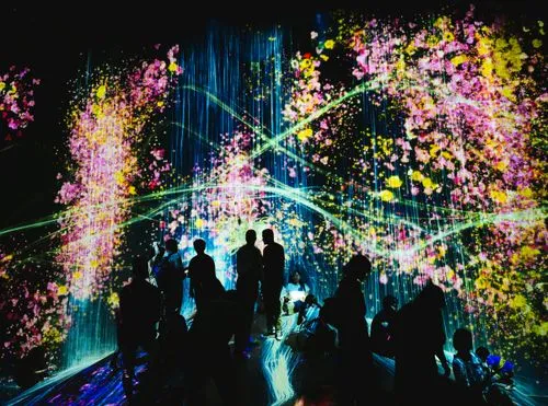 Silhouetted people in immersive digital art installation with colorful light streams